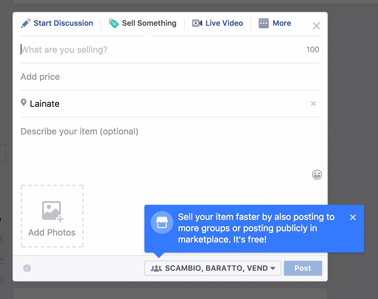 aggiunta inserzione gruppo facebook