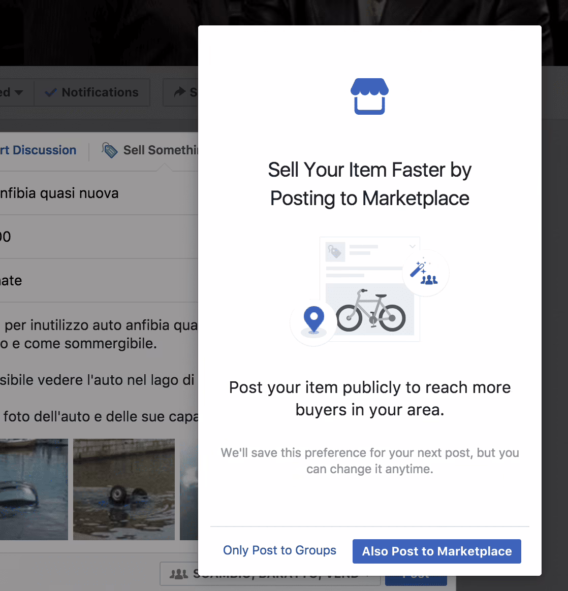 richiesta se aggiungere a facebook marketplace