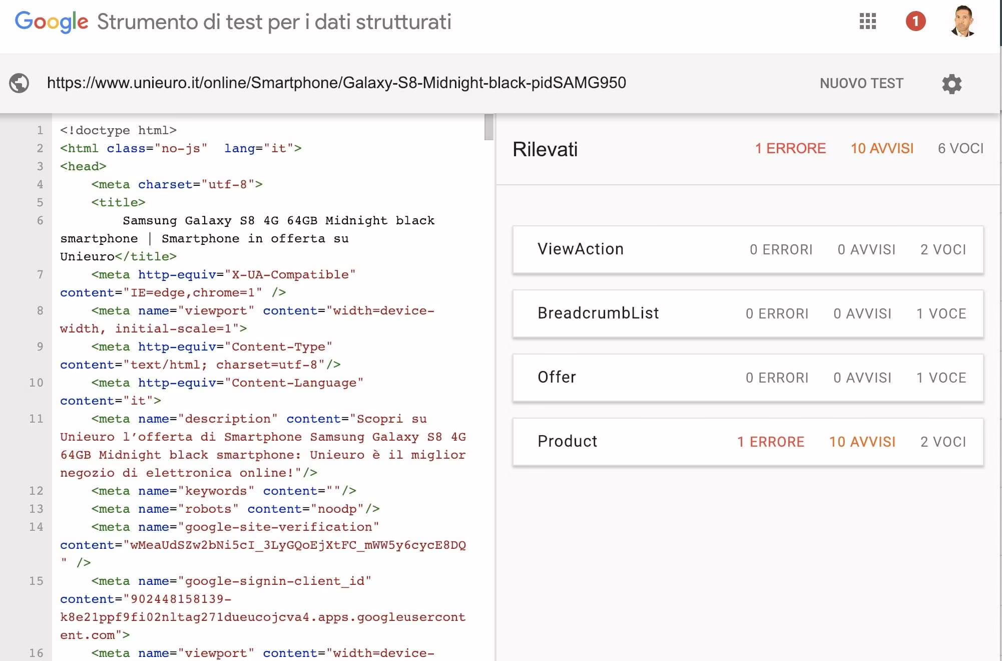 analisi ecommerce google snippet